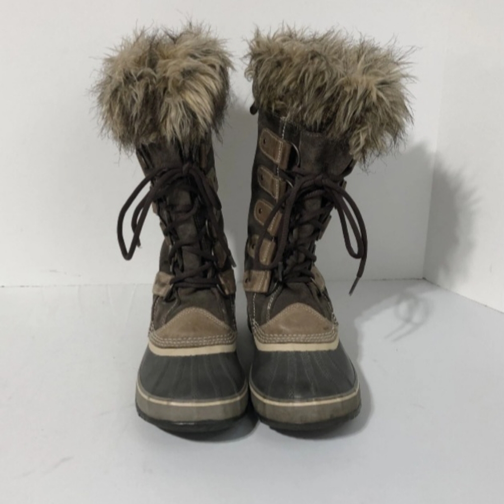Sorel Joan of Arctic Brown Lace-up Leather Snow Boots with Faux Fur Trim Size 8